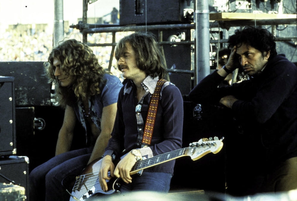 Backstage photo print of Robert Plant and John Paul Jones with Bill Graham