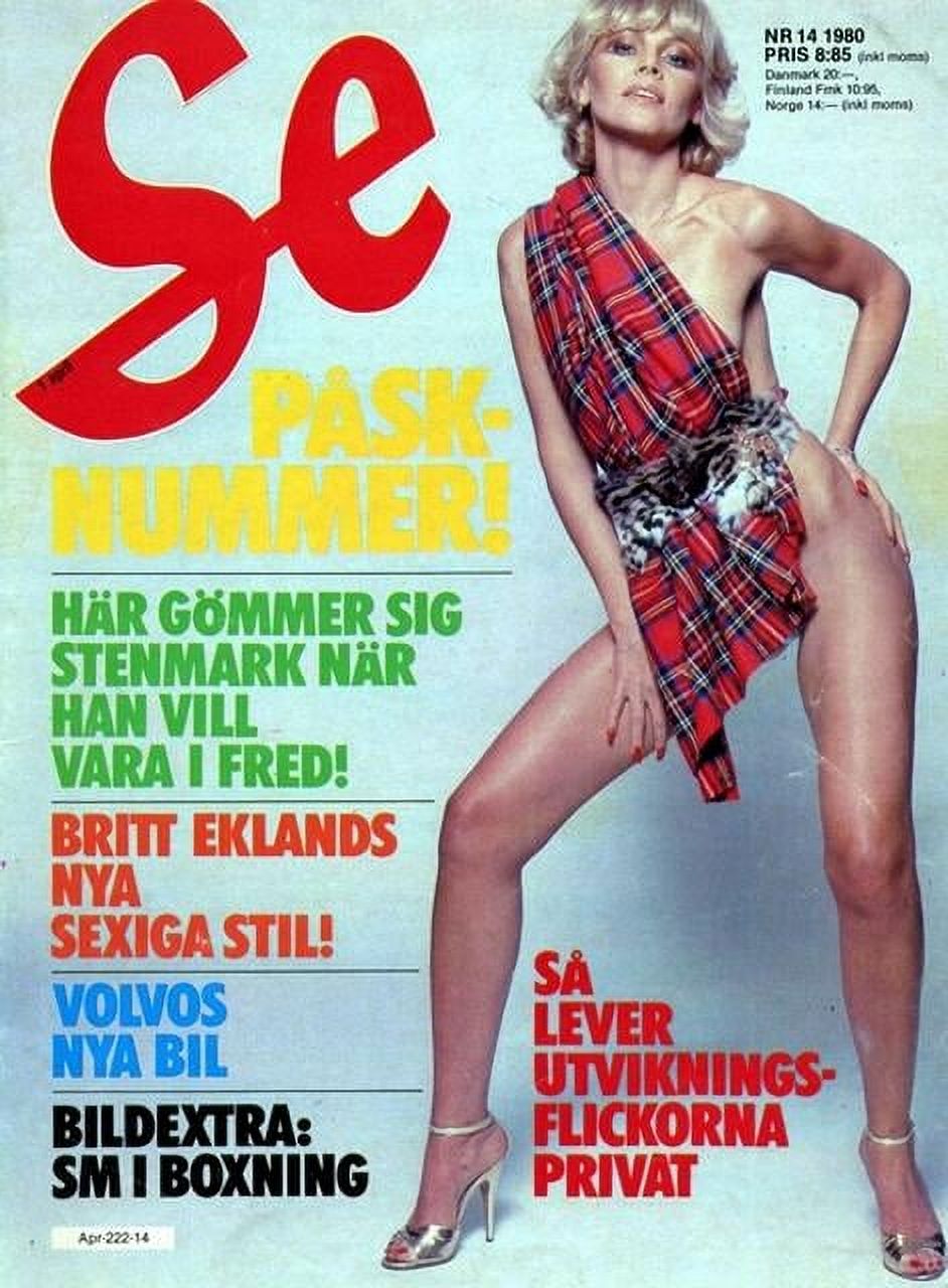 Britt Ekland magazine cover photo print featuring red plaid design