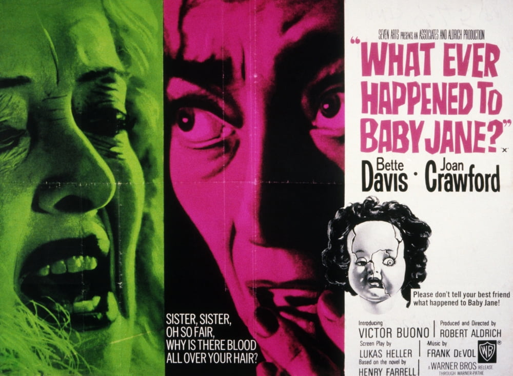 What Ever Happened to Baby Jane? movie poster featuring Bette Davis and Joan Crawford, 1962.