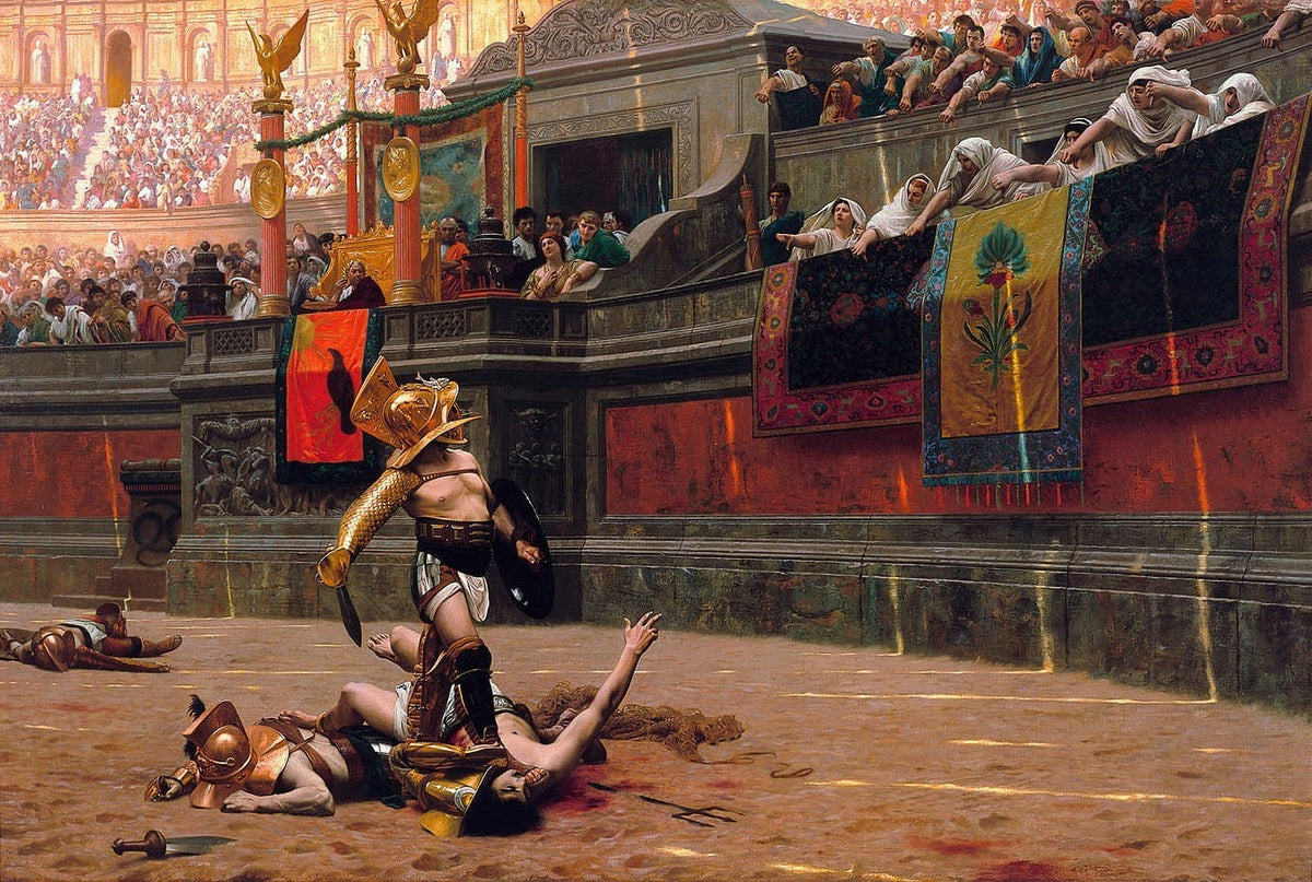 Pollice Verso poster print by Jean-Léon Gérôme, classic art depiction of gladiatorial combat.