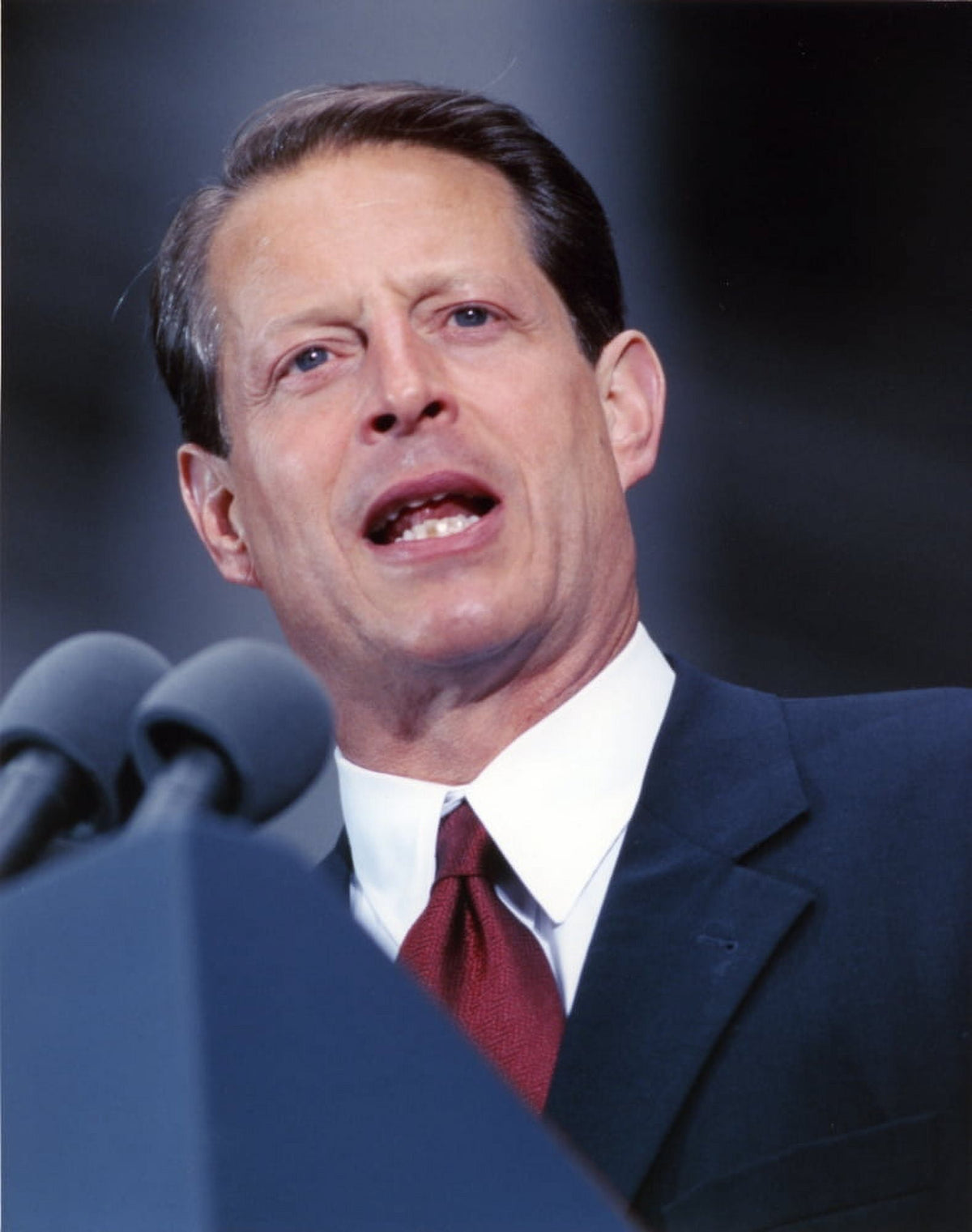 Al Gore delivering a speech photo print in a black suit and red tie.