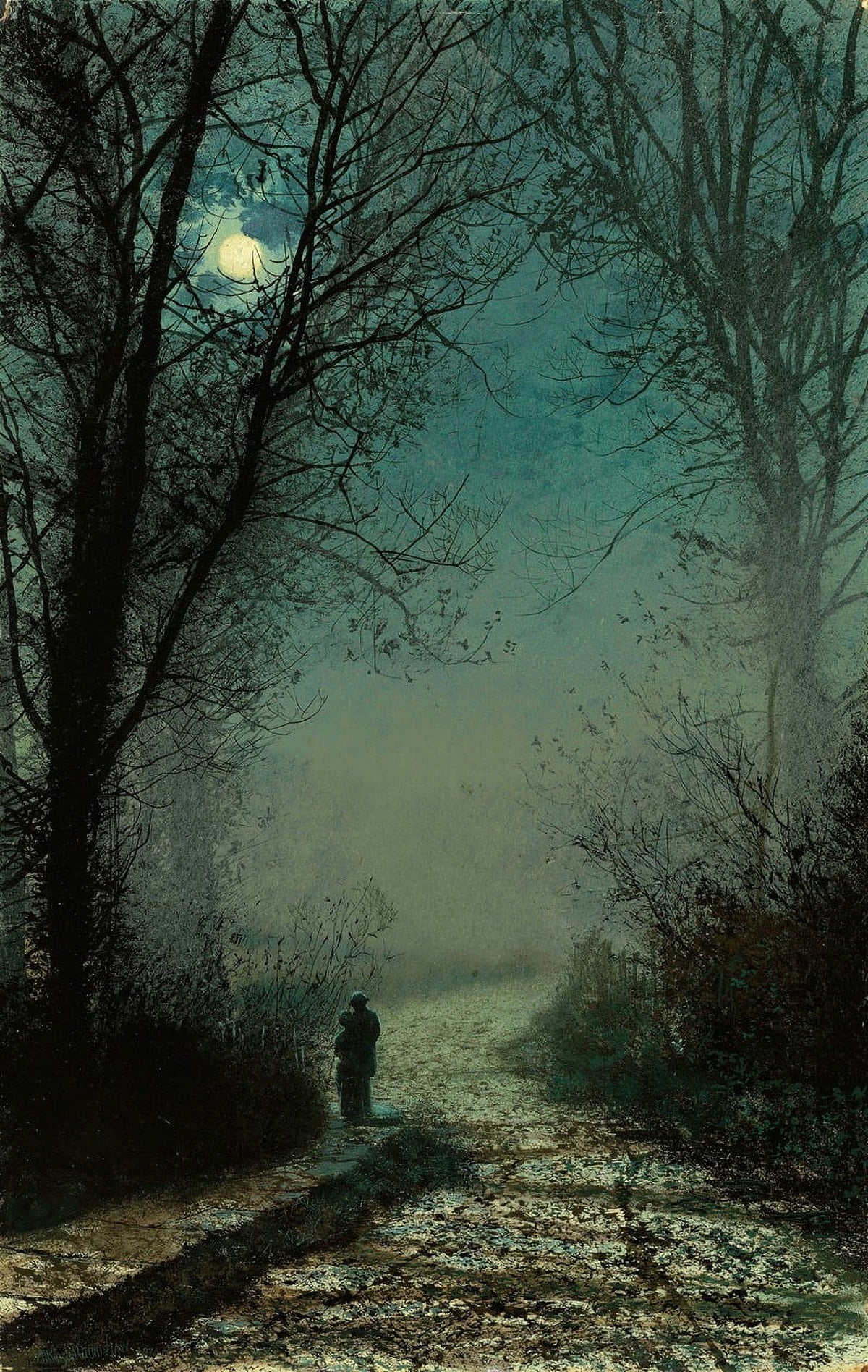 Lovers on a Moonlit Lane art print by John Atkinson Grimshaw showing a romantic moonlit scene.