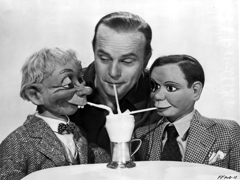 Edgar Bergen with puppets photo print showcasing classic entertainment.