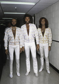 The Bee Gees photo print in white costumes, iconic music legends.