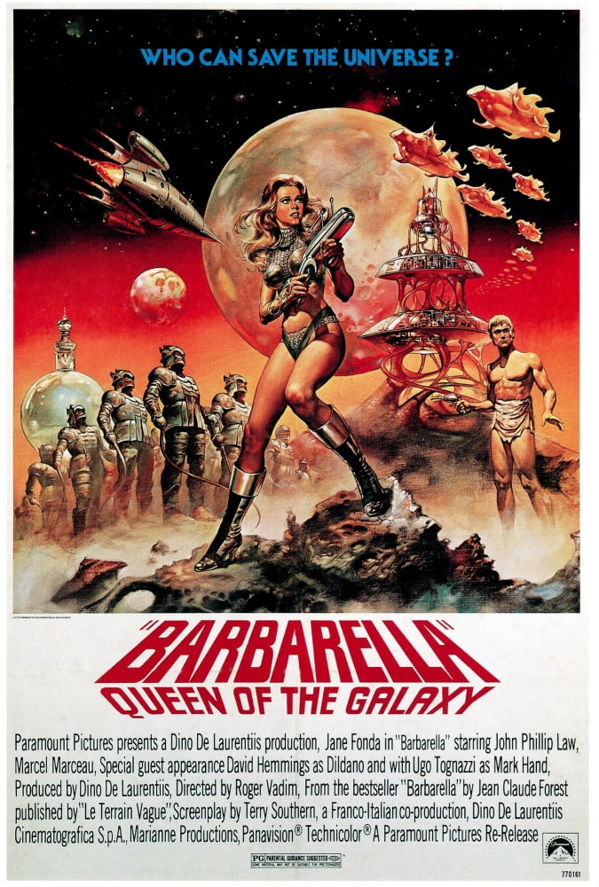 Barbarella movie poster featuring Jane Fonda from 1968, reissued in 1977, available as a masterprint.