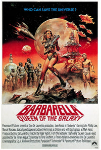 Barbarella movie poster featuring Jane Fonda from 1968, reissued in 1977, available as a masterprint.