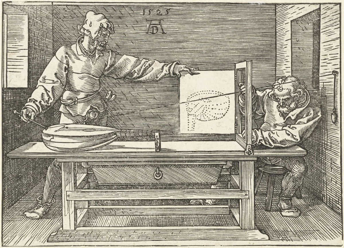 Engraving print 'An Artist Draws a Lute' by Albrecht Durer 1525