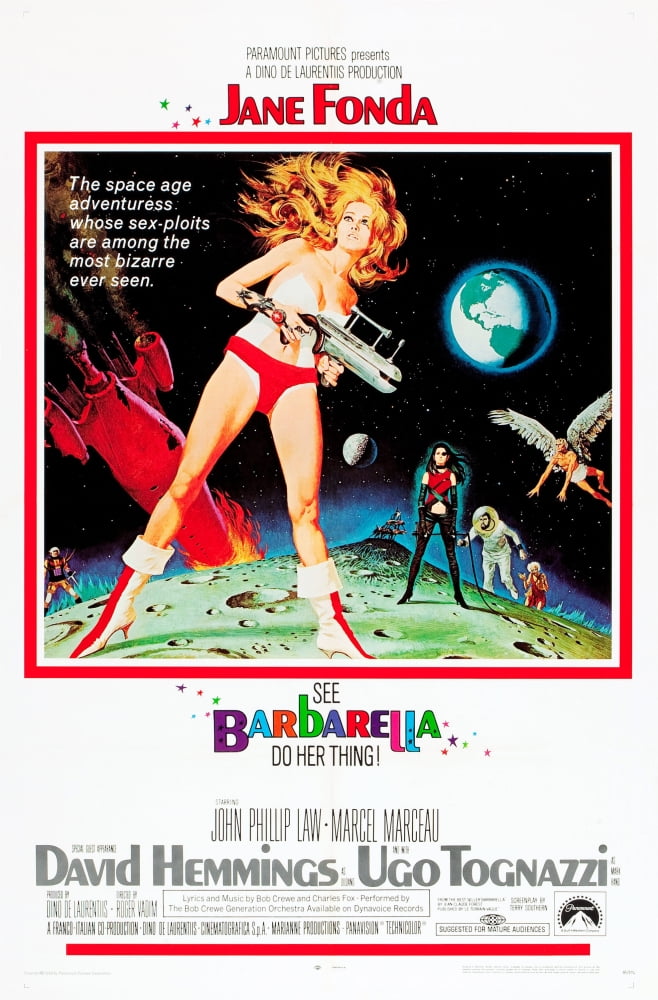 Barbarella movie poster featuring Jane Fonda from 1968, vibrant design.