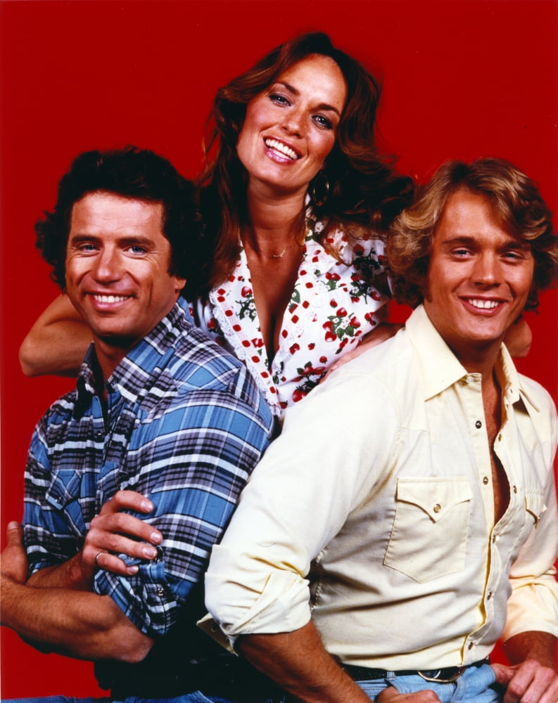 Dukes Of Hazzard Group Portrait Photo Print featuring iconic characters on a red background.