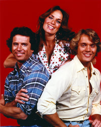 Dukes Of Hazzard Group Portrait Photo Print featuring iconic characters on a red background.