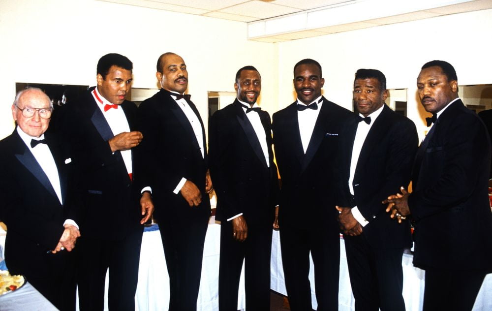 Ex-Boxing Champions Poster Print featuring McLarnin, Ali, Norton, Hearns, Holyfield, Patterson, and Frazier from the Cable ACE Awards 1991.
