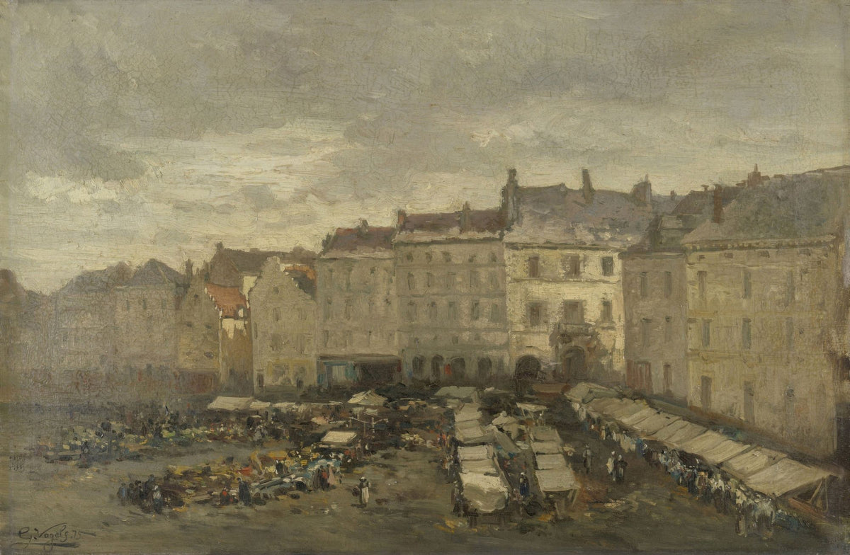 The Grand Place Brussels art print by Guillaume Vogels showing market stalls in the central square.