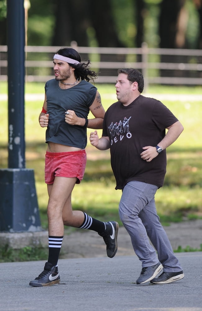 Russell Brand and Jonah Hill on set of Get Him to The Greek