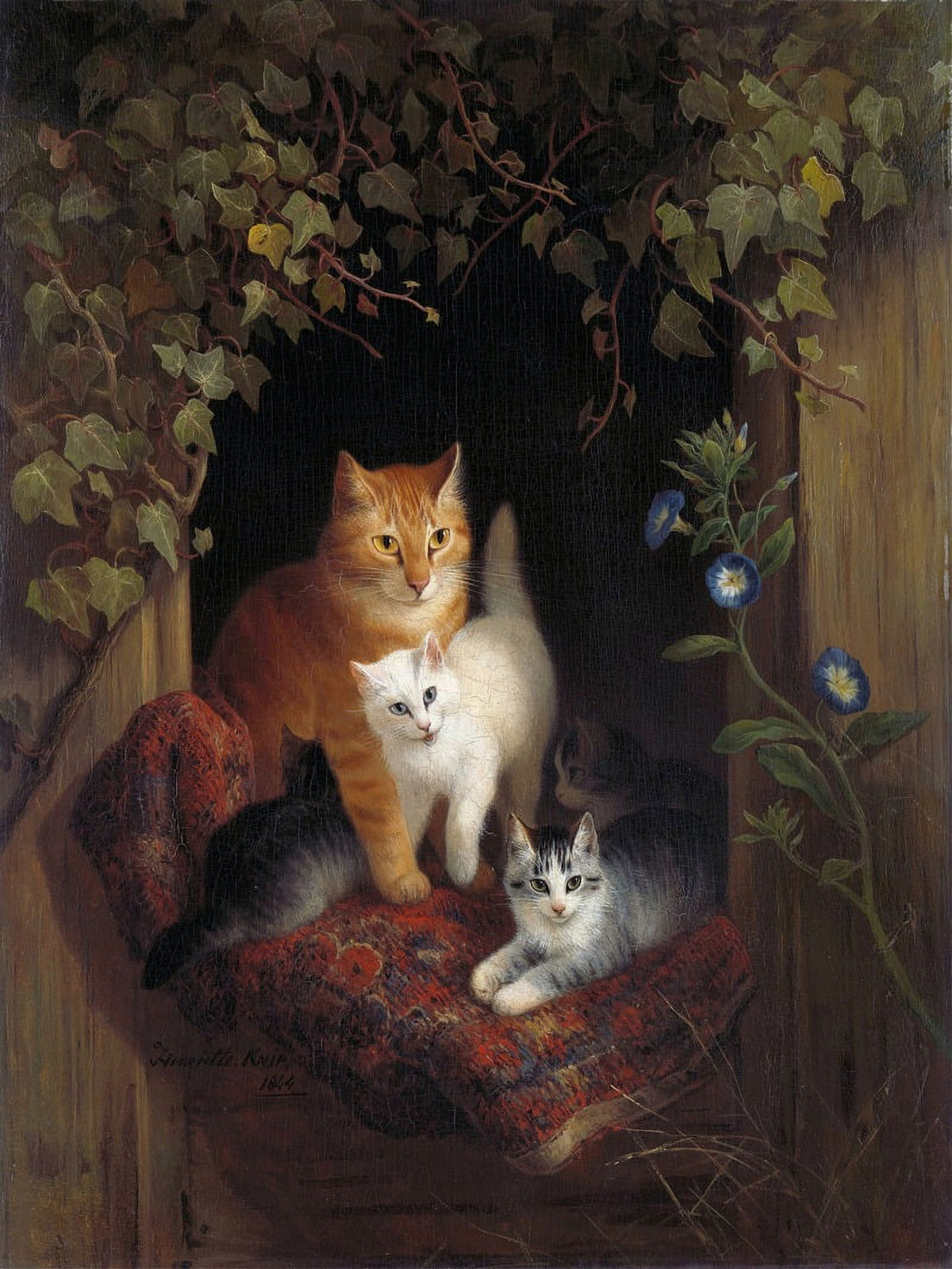 Cat with Kittens poster print by Henriette Ronner-Knip, showcasing a mother cat and her kittens.