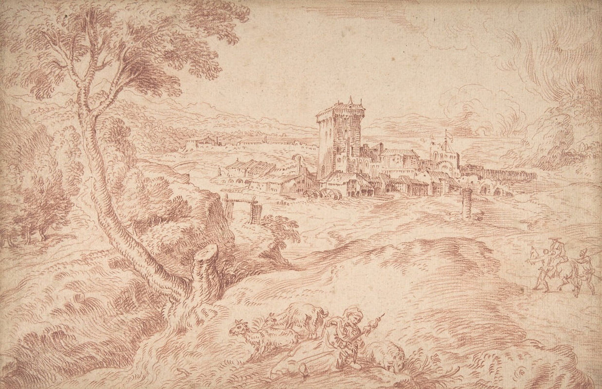 Landscape with an Old Woman Holding a Spindle art print by Jean-Antoine Watteau