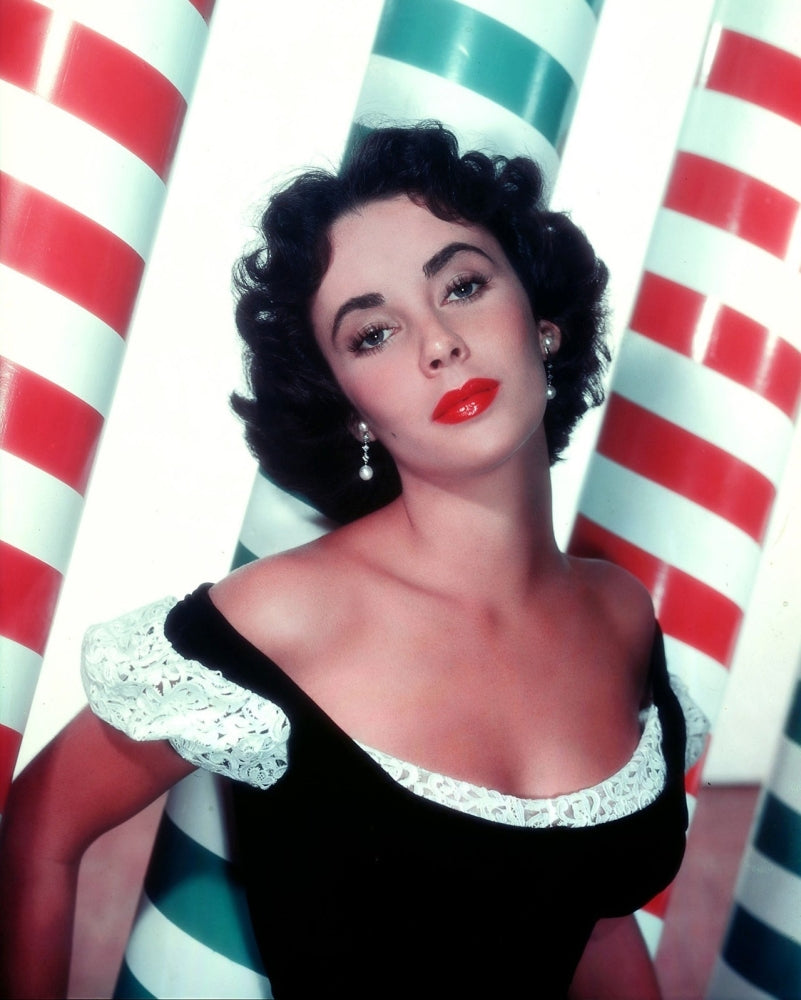 Elizabeth Taylor black and white photo print with striped background.
