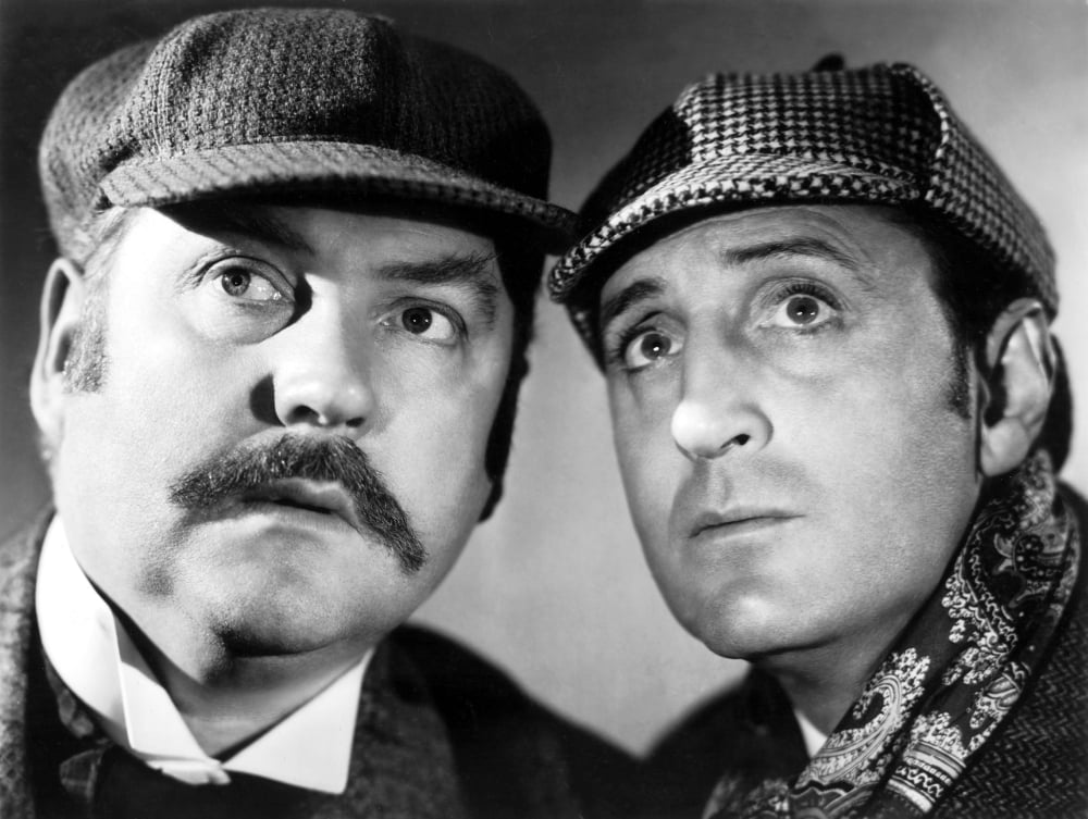 The Hound of the Baskervilles movie photo print featuring Nigel Bruce and Basil Rathbone, 1939.