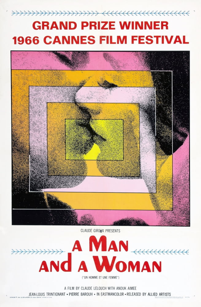 A Man and a Woman movie poster print featuring Jean-Louis Trintignant and Anouk Aimée from the 1966 film.