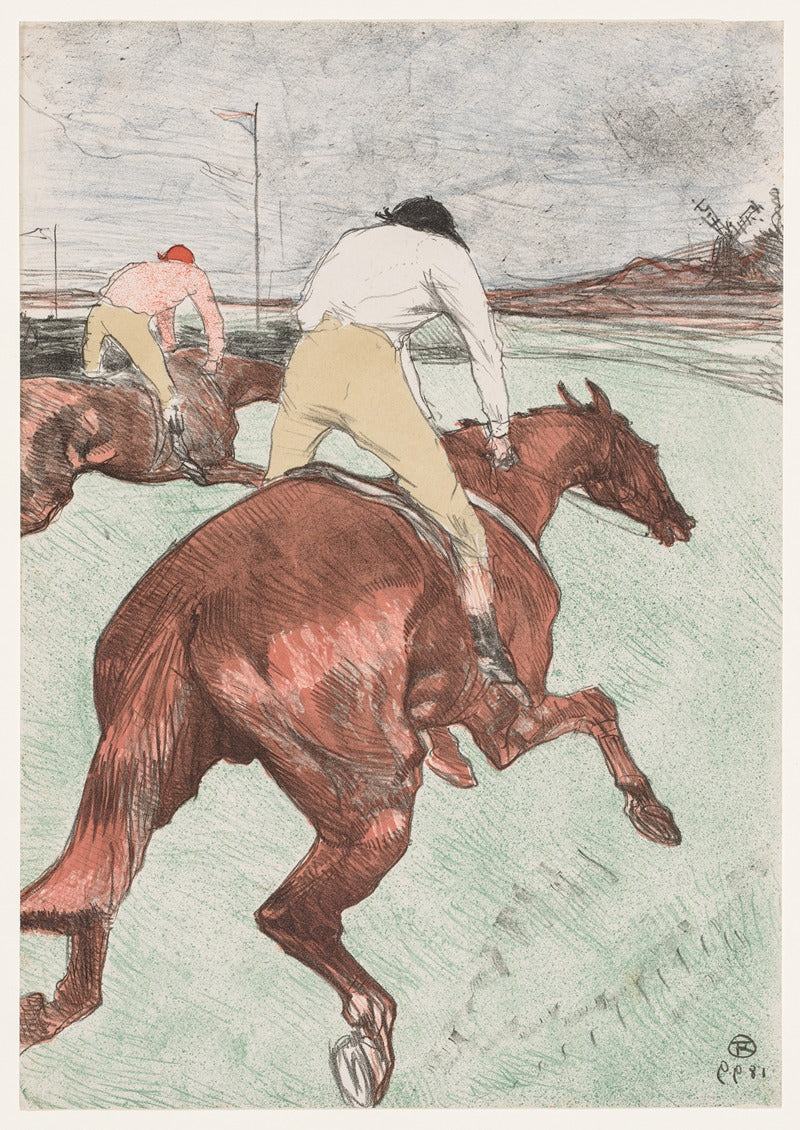 The Jockey poster print by Henri de Toulouse-Lautrec showcasing a dynamic horse racing scene.