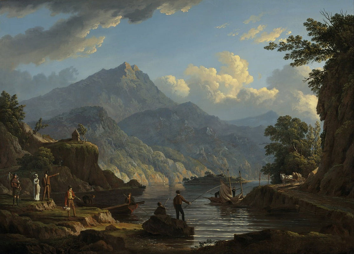 Landscape with Tourists at Loch Katrine poster print by John Knox, showcasing scenic beauty.
