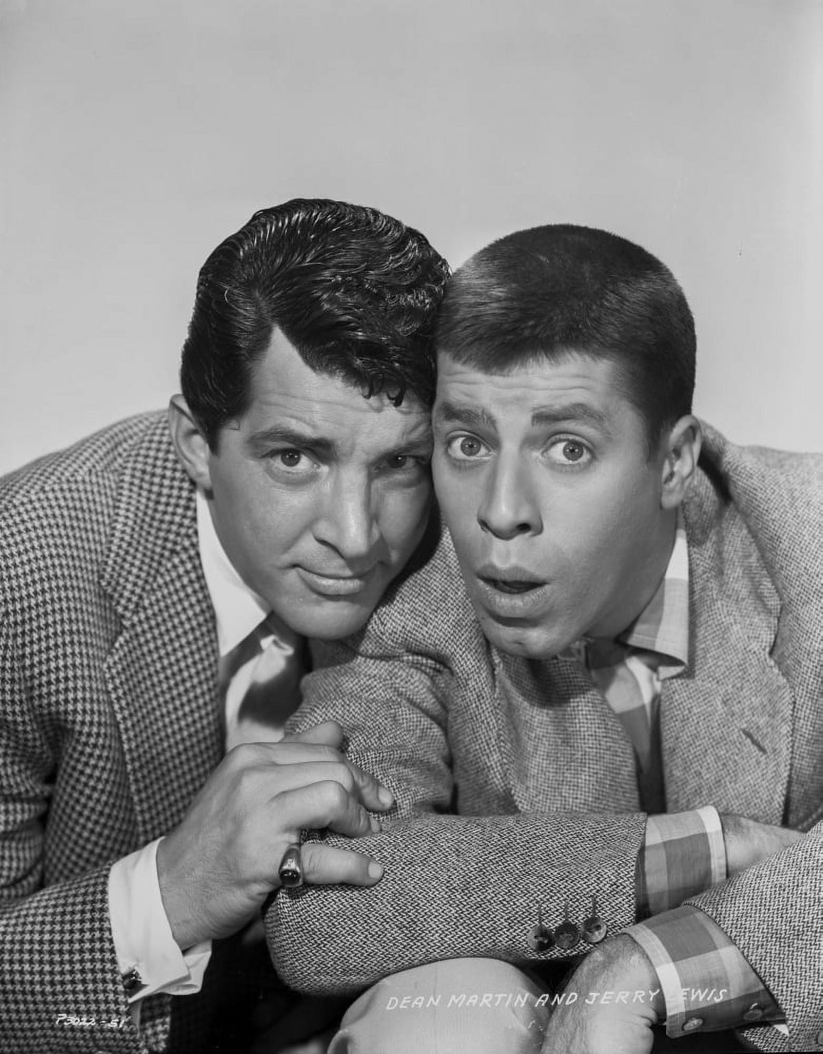 Black and white photo print of Dean Martin and Jerry Lewis in a wacky pose.