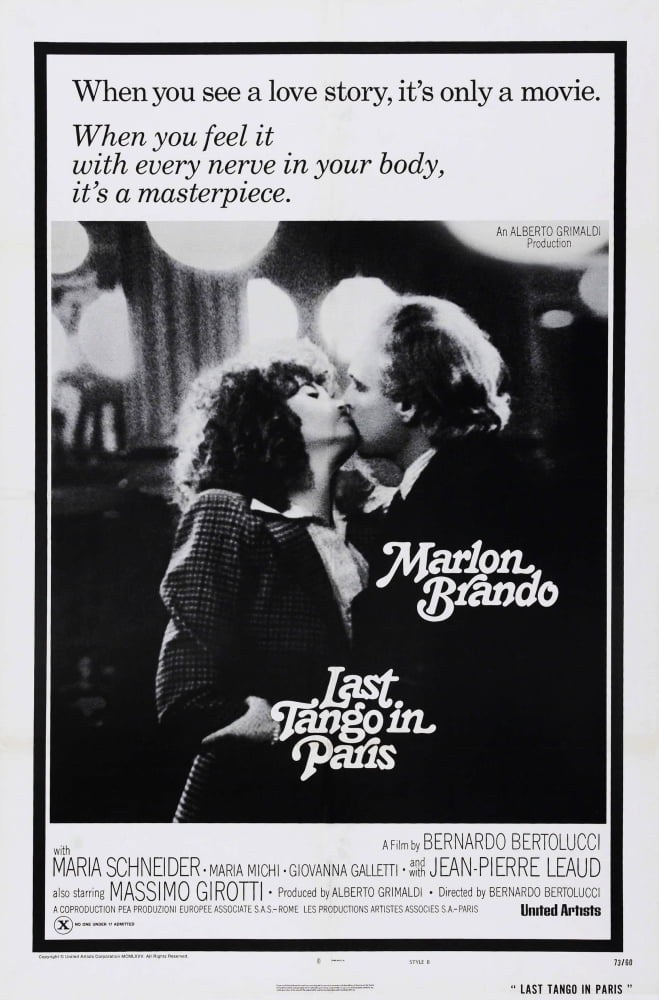 Last Tango In Paris movie poster featuring Marlon Brando and Maria Schneider, 1972 film, 11x17 size.