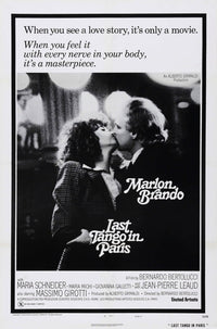 Last Tango In Paris movie poster featuring Marlon Brando and Maria Schneider, 1972 film, 11x17 size.