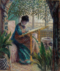 Madame Monet Embroidering Poster Print by Claude Monet