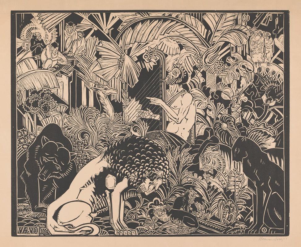 Orpheus Playing Harp for the Animals Poster Print by Henri van der Stok