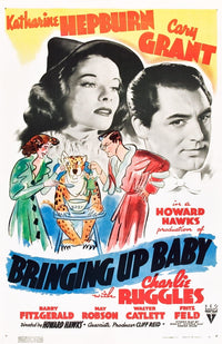 Bringing Up Baby movie poster print featuring Katharine Hepburn and Cary Grant.