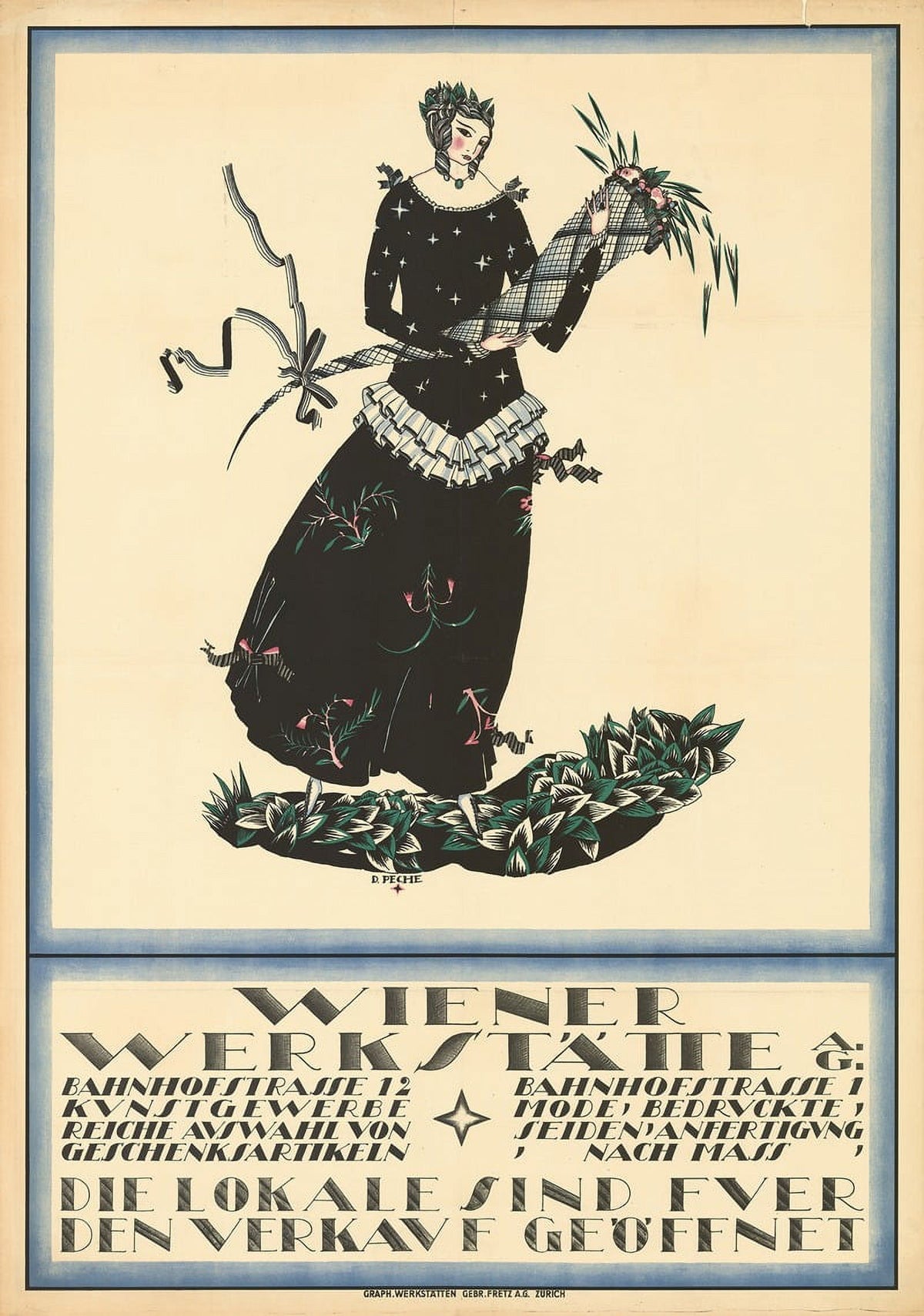 Wiener Werkstätte 1917 poster print by Dagobert Peche, featuring elegant design.
