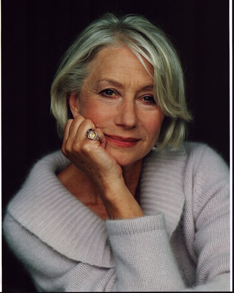 Helen Mirren portrait photo print in gray sweater, available in multiple sizes.