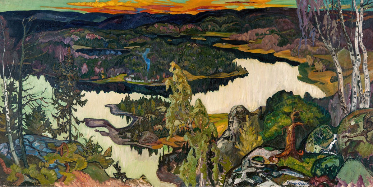 Autumn Evening Nordingrå art print by Helmer Osslund showcasing a tranquil autumn landscape.