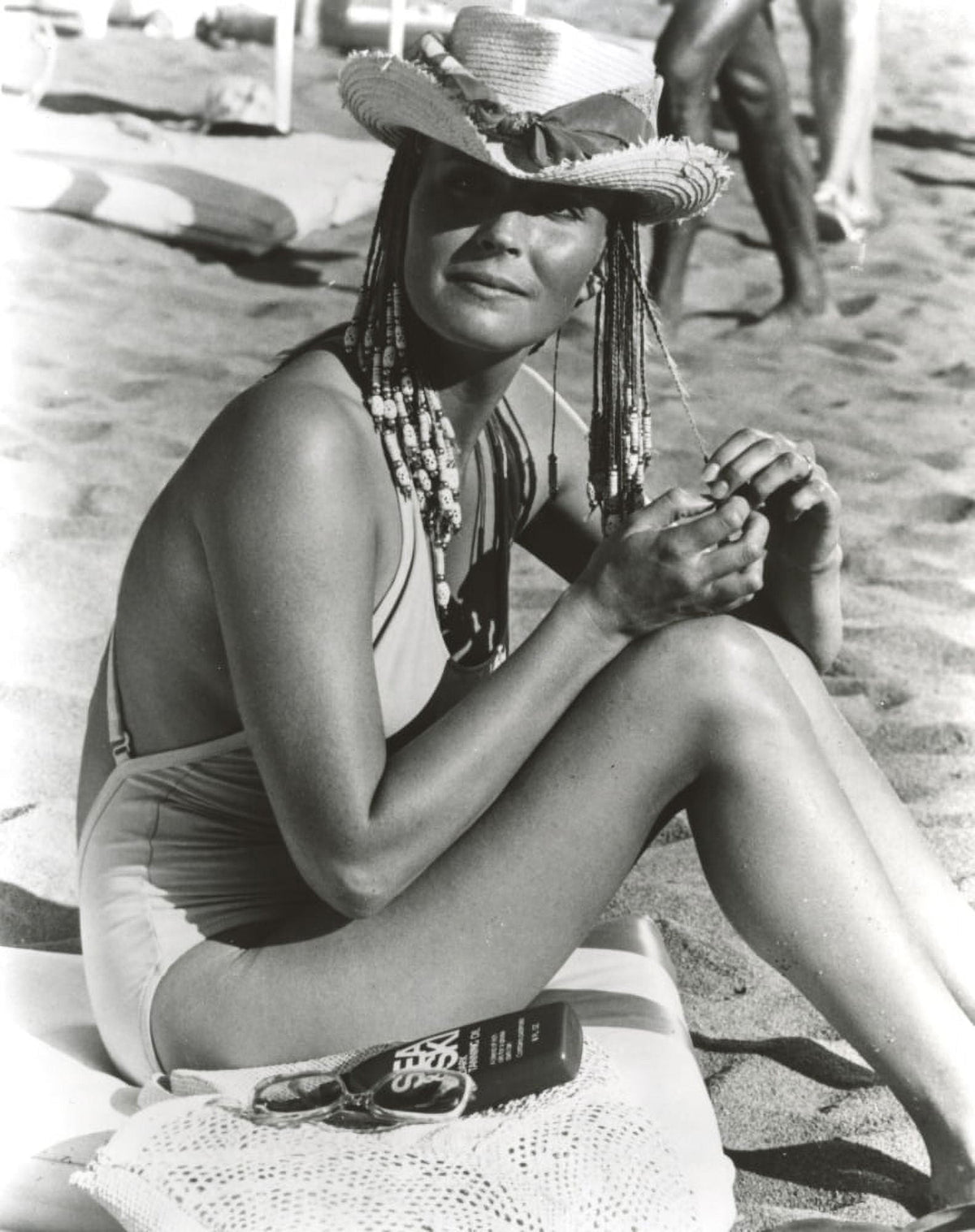 Bo Derek beach photo print in swimsuit and hat