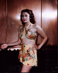 Yvonne De Carlo photo print in halter wrap and skirt, classic Hollywood style.