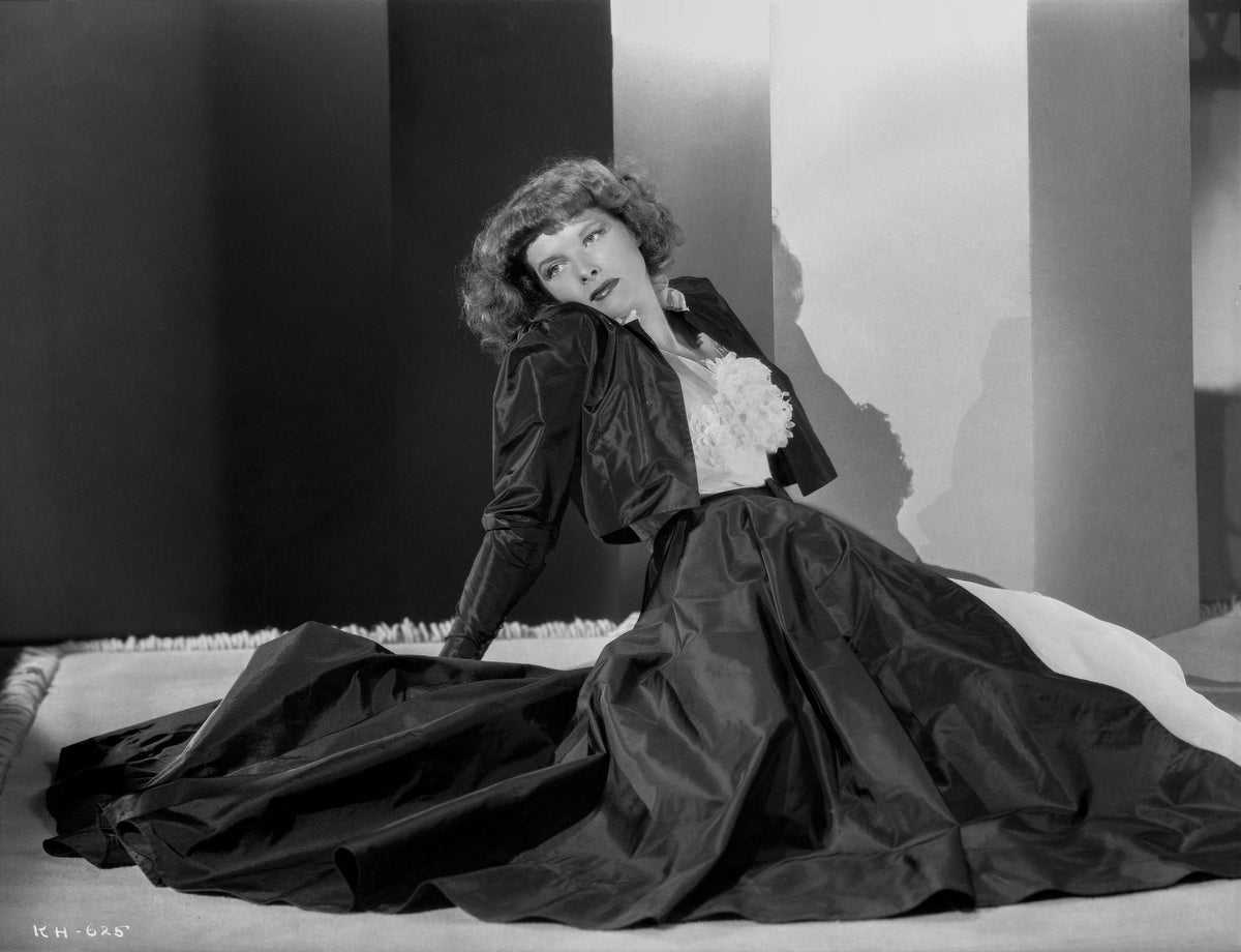 Black and white photo print of Katharine Hepburn in a black gown