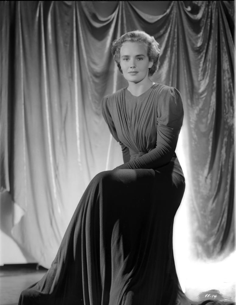 Frances Farmer portrait photo print in dark dress, classic Hollywood decor.