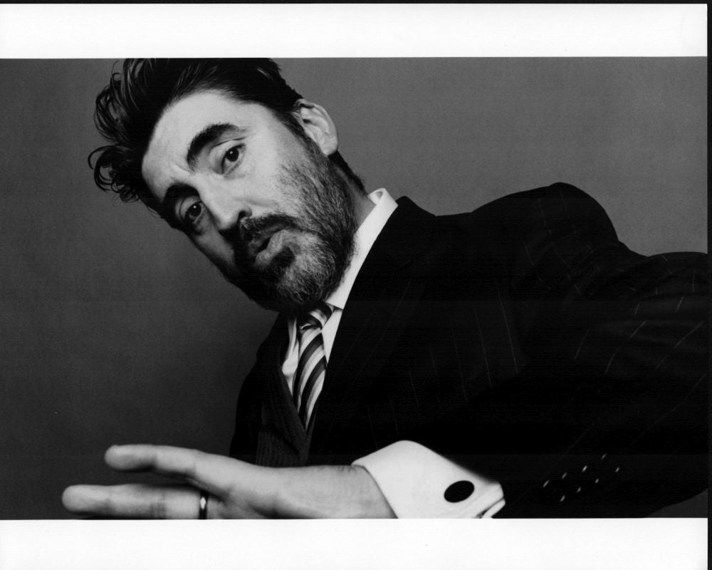 Alfred Molina putting hand up black and white photo print