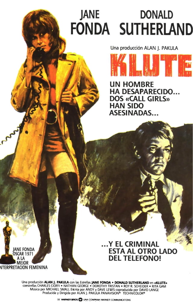 Klute movie poster art featuring Jane Fonda and Donald Sutherland, 1971 film.