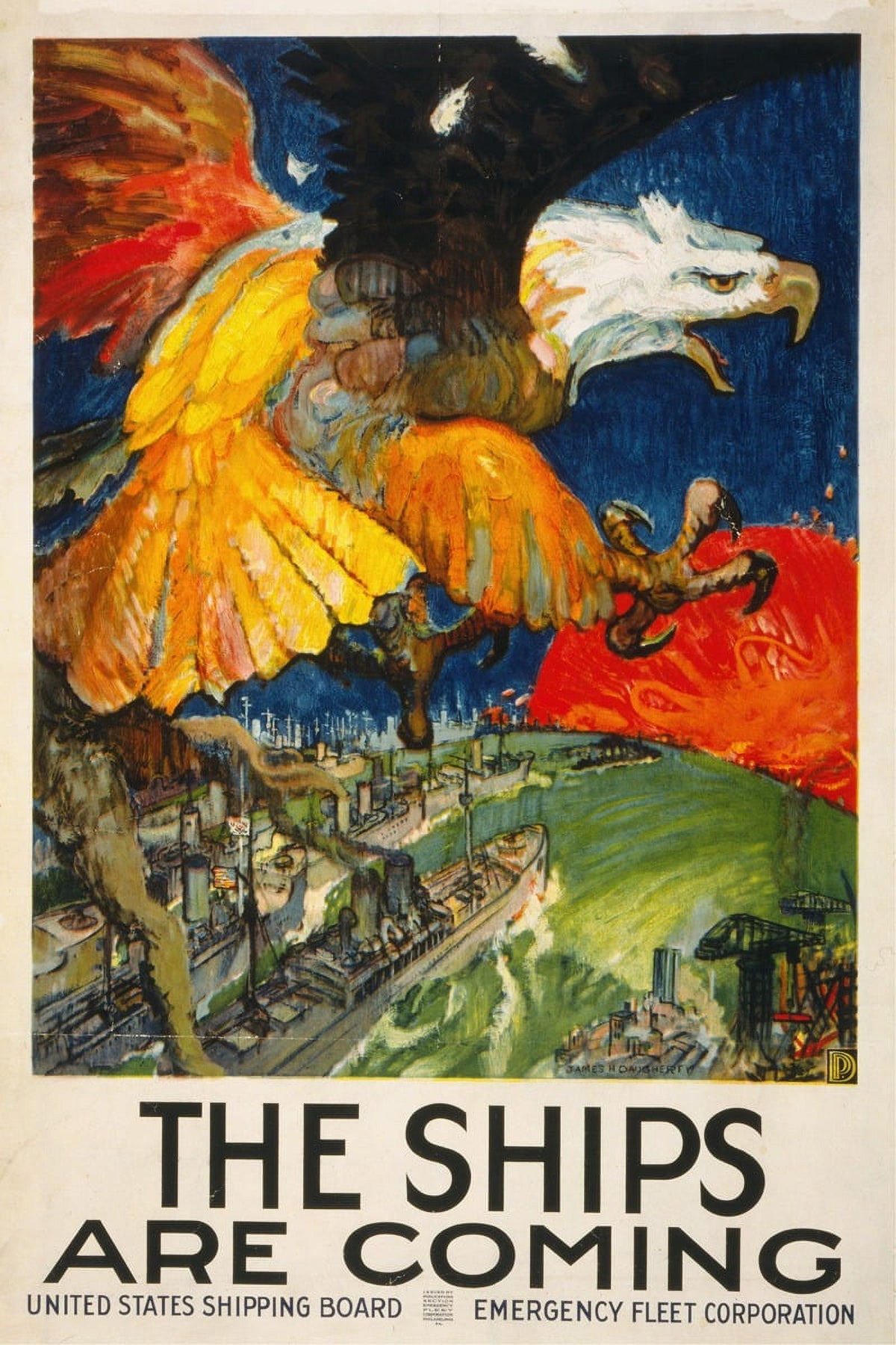 The Ships Are Coming poster print by James Henry Daugherty showcasing maritime adventure.