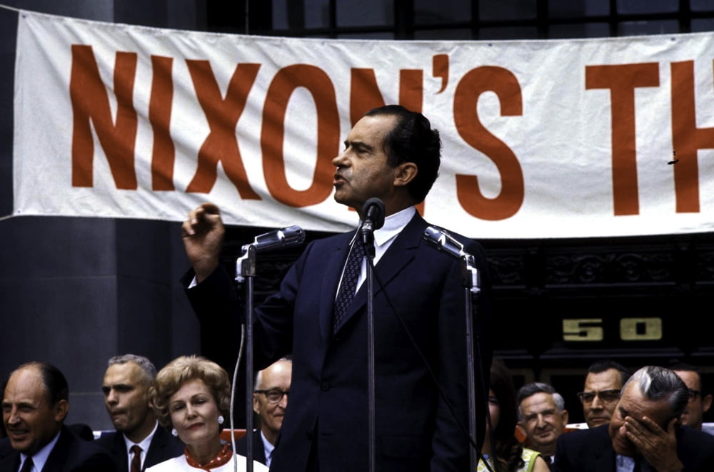 Richard Nixon giving a speech photo print, historical imagery.
