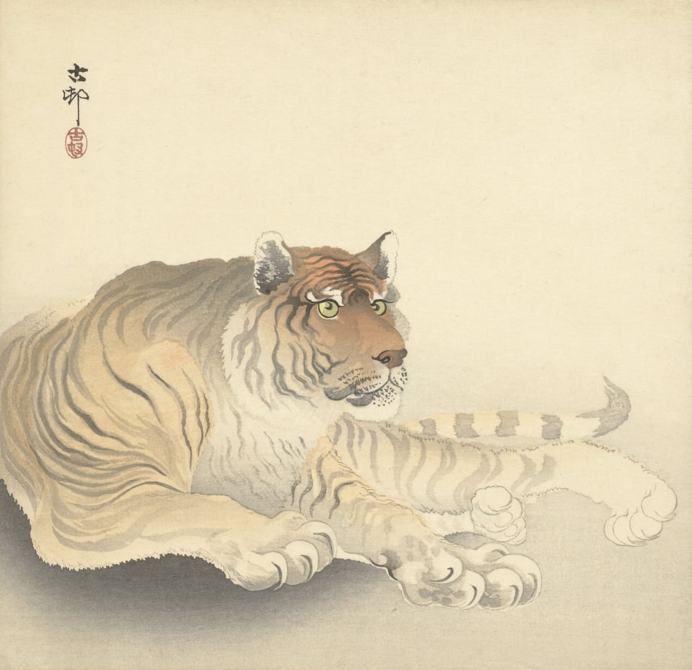Resting Tiger Woodcut Print by Ohara Koson, Japanese art