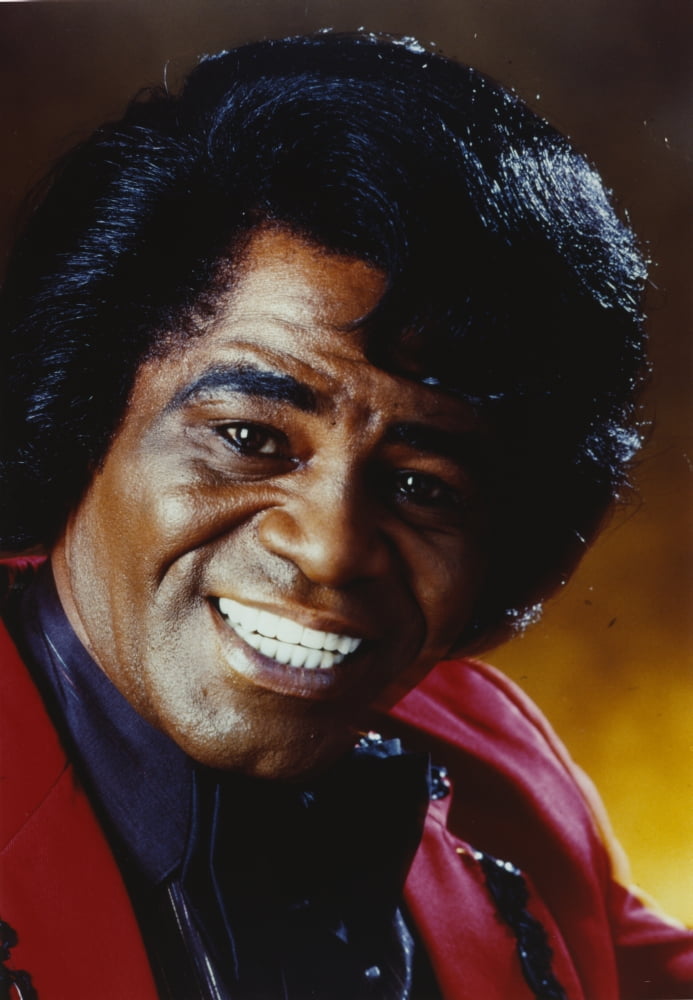 James Brown portrait photo print in red linen suit and black collar shirt.