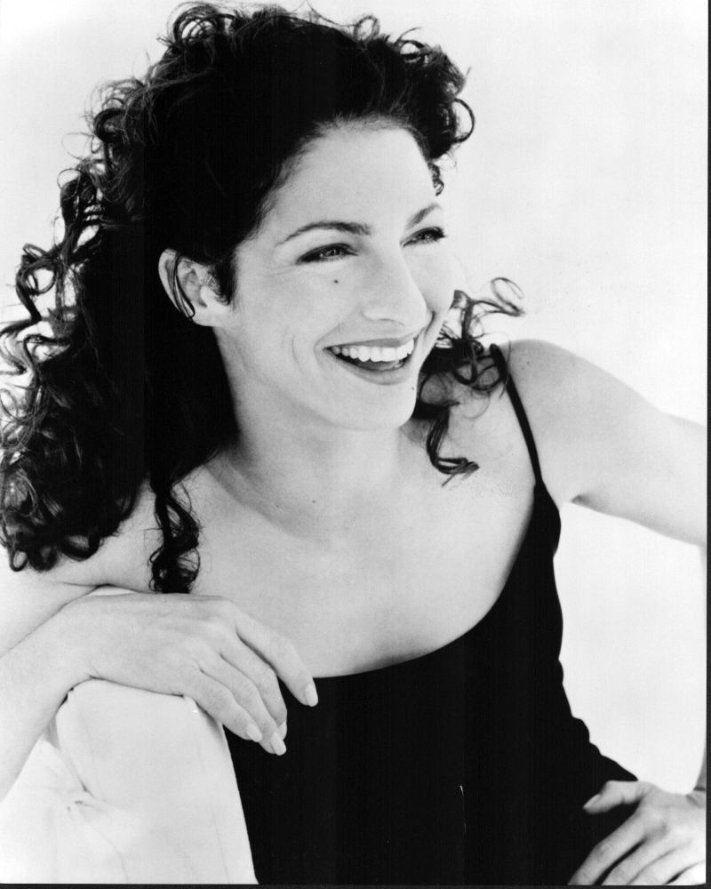 Gloria Estefan laughing black and white photo print.