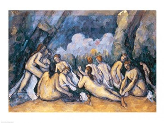 The Large Bathers Art Print by Paul Cezanne featuring bathers in a natural setting.
