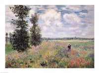The Poppy Field by Claude Monet poster print featuring vibrant flowers and landscape.