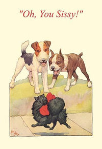 Humorous illustration of a Papillion dog walking, vintage magazine cover by Robert Livingston Dickey.