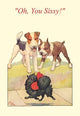 Humorous illustration of a Papillion dog walking, vintage magazine cover by Robert Livingston Dickey.
