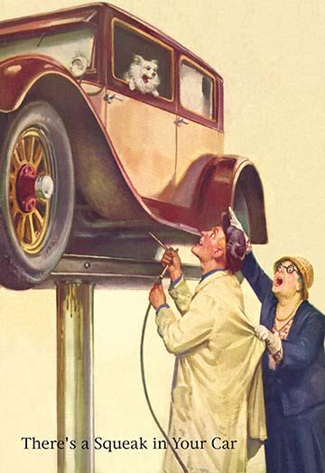 Vintage poster print of a mechanic working on a car with a barking dog.