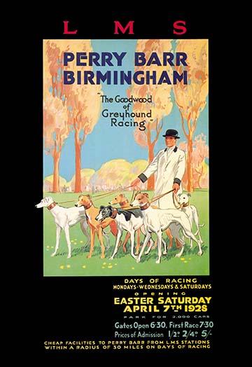 Easter Sunday Greyhound Racing Poster from 1928 promoting LMS railway transportation.